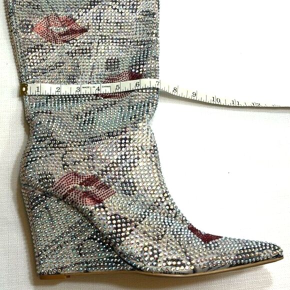 Rhinestone Wedge Boots Sz 11 Lips Print Knee High Pointed Toe Sparkle Glam - Picture 8 of 13